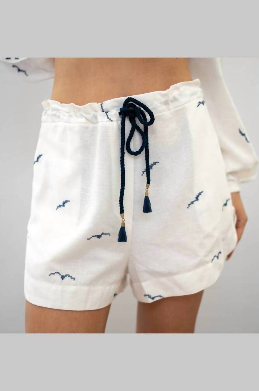NEW DRESS TO nautical embroidered drawstring linen shorts in off white